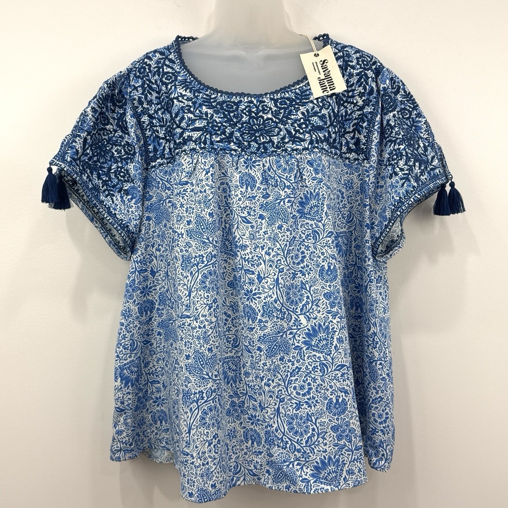 Savanna Jane Embroidered Top Womens 2X NWT Boho Hippie Floral Peasant Tassels